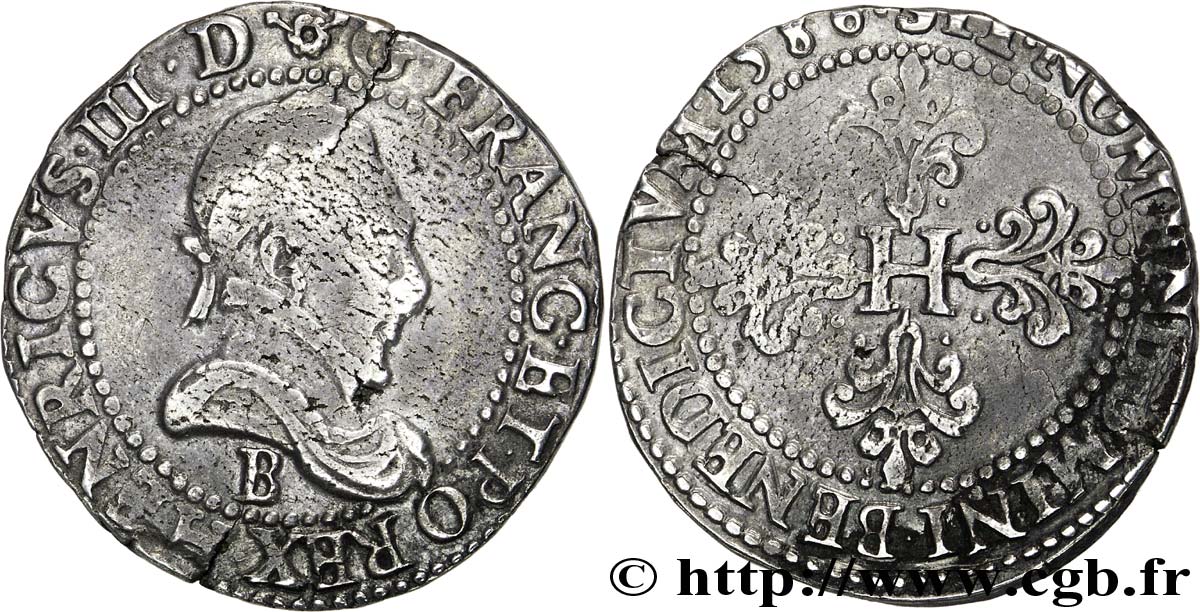 HENRI III Franc au col plat 1586 Rouen TB+/TTB