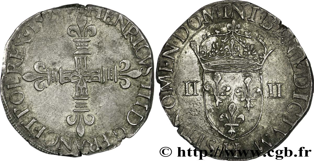 HENRY III Quart d écu, croix de face 1579 La Rochelle MBC+