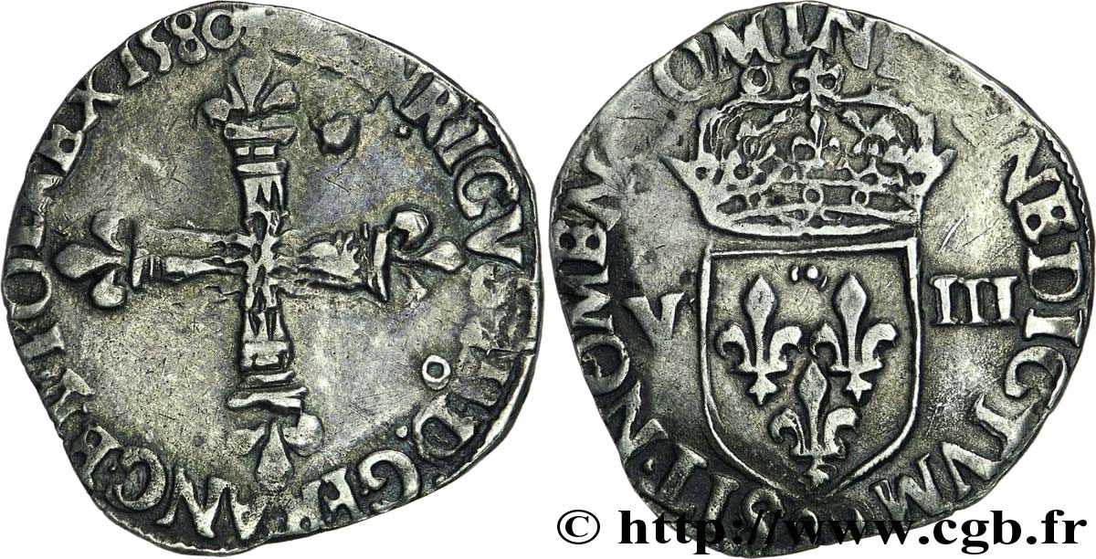 HENRY III Huitième d écu, croix de face 1580 Rennes XF