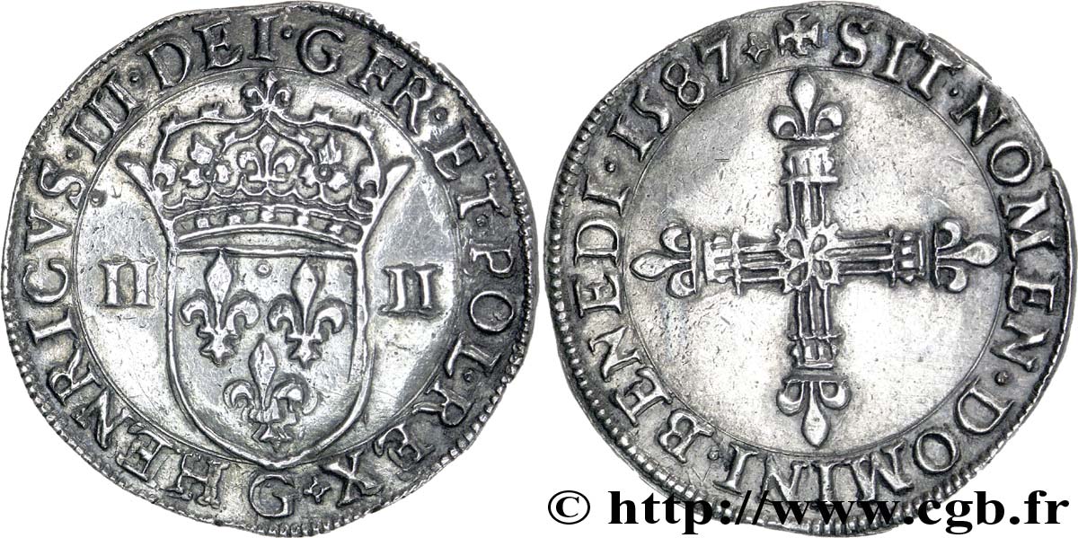 HENRY III Quart d écu, écu de face 1587 Poitiers AU