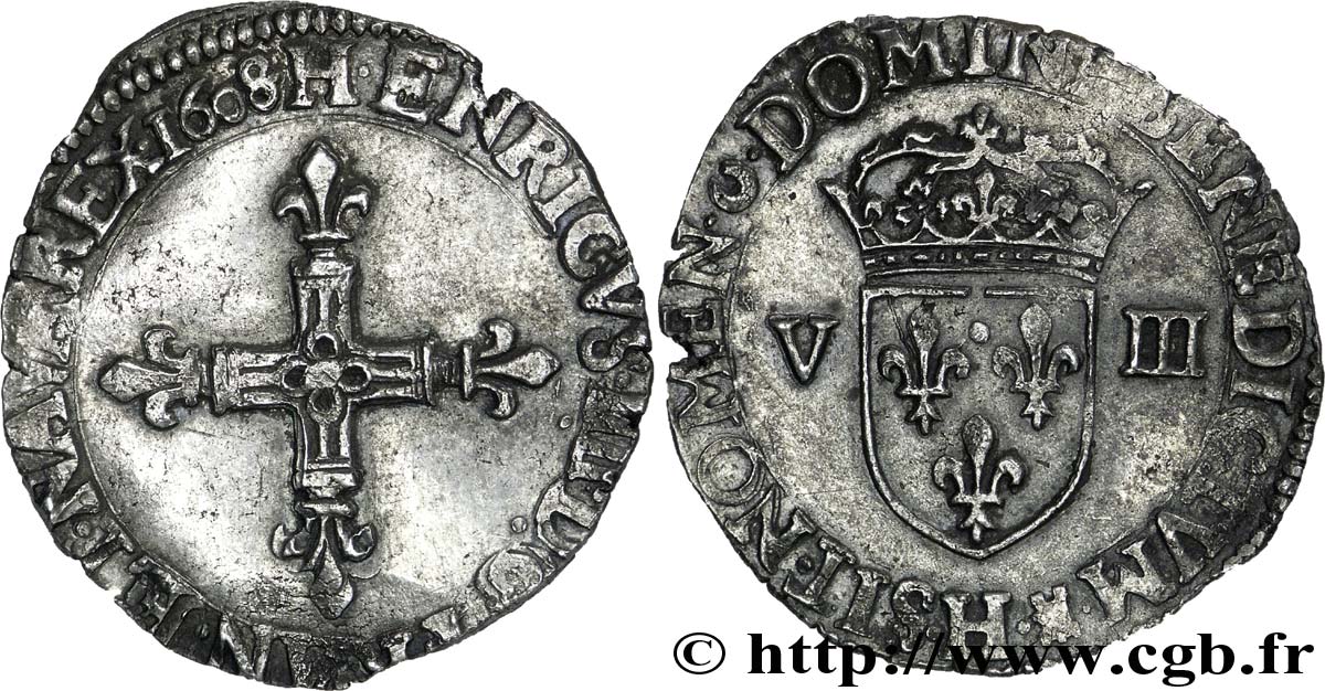 HENRI IV LE GRAND Huitième d écu, croix bâtonnée et fleurdelisée de face 1608 La Rochelle TTB+