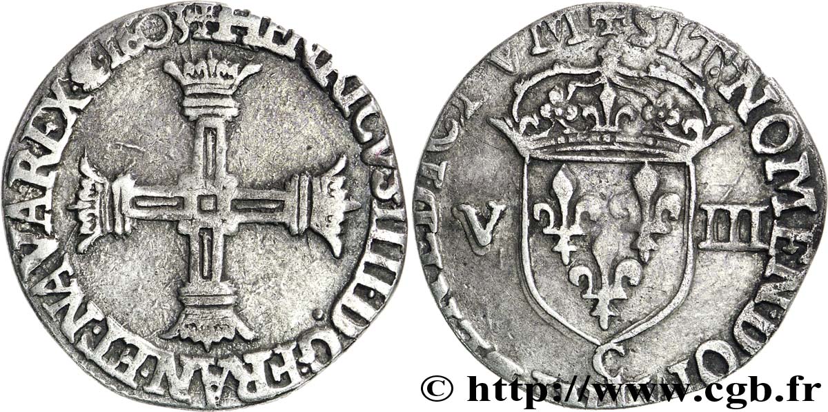 HENRY IV Huitième d écu, croix batonnée et couronnée de face 1603 Saint-Lô q.BB