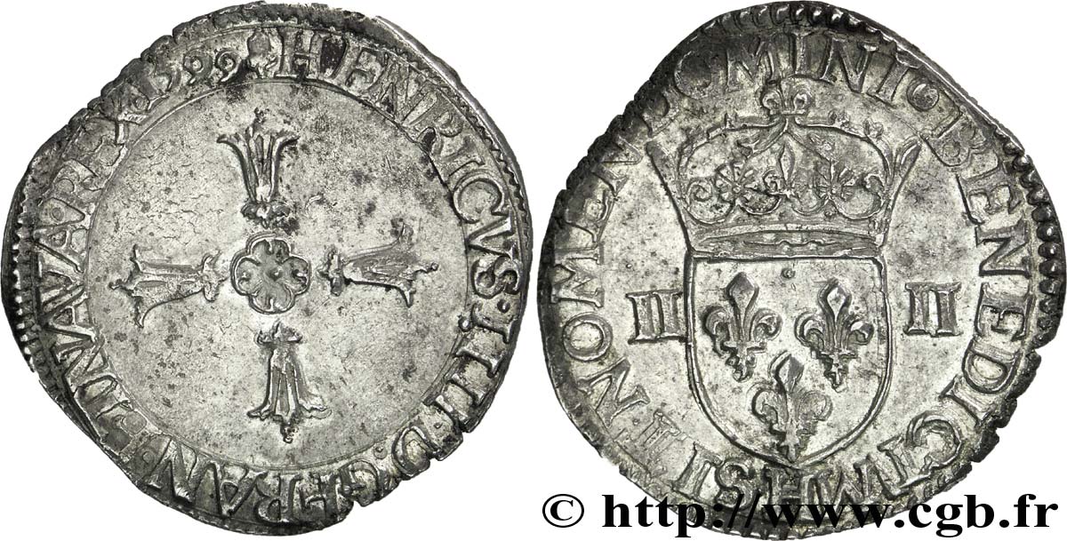 HENRY IV Quart d écu, croix feuillue de face 1599 La Rochelle MBC