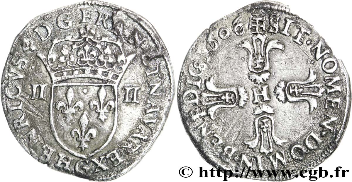 HENRY IV Quart d écu, écu de face, 3e type 1606 Poitiers MBC