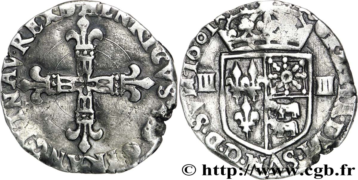 HENRY IV Huitième d écu de Béarn, fauté au revers III-III au lieu de V-III 1601 Morlaàs fSS/SS