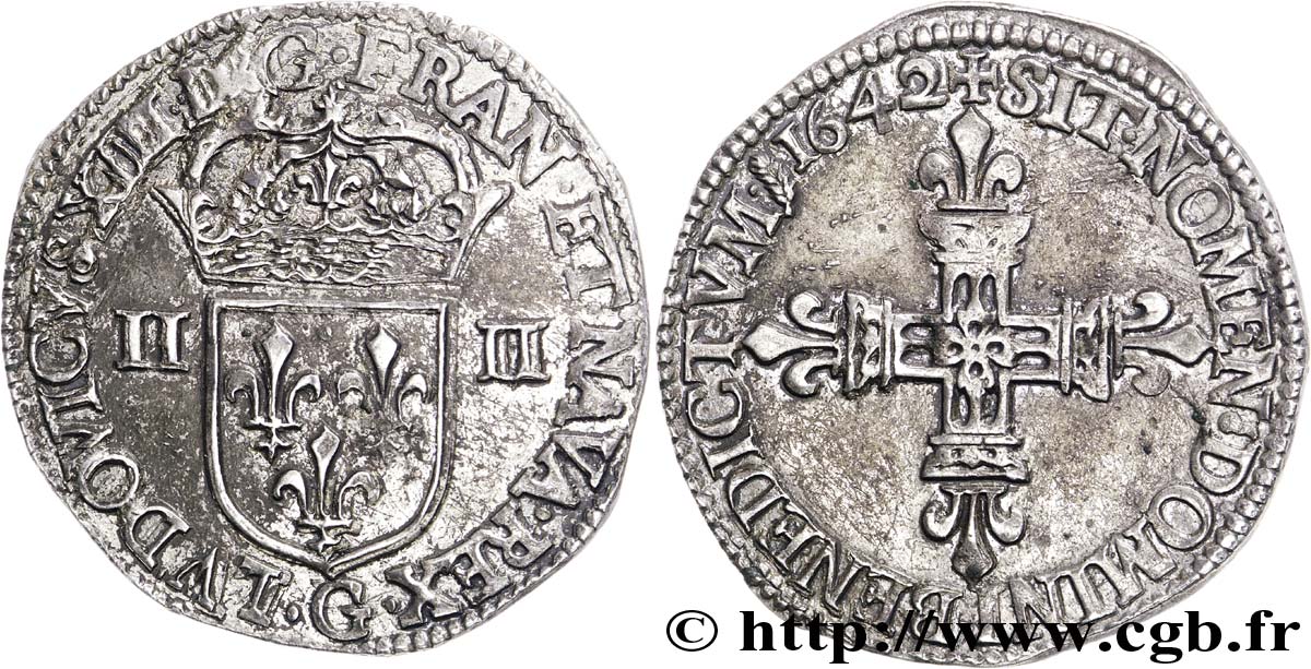 LOUIS XIII LE JUSTE Quart d écu, à la croix fleurdelisée, titulature côté écu 1642 Poitiers TTB/TTB+