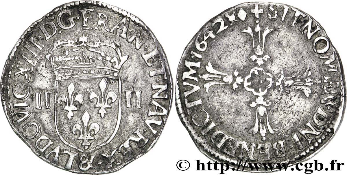 LOUIS XIII  Quart d écu, à la croix fleuronnée, titulature côté écu 1642 Aix-en-Provence MBC