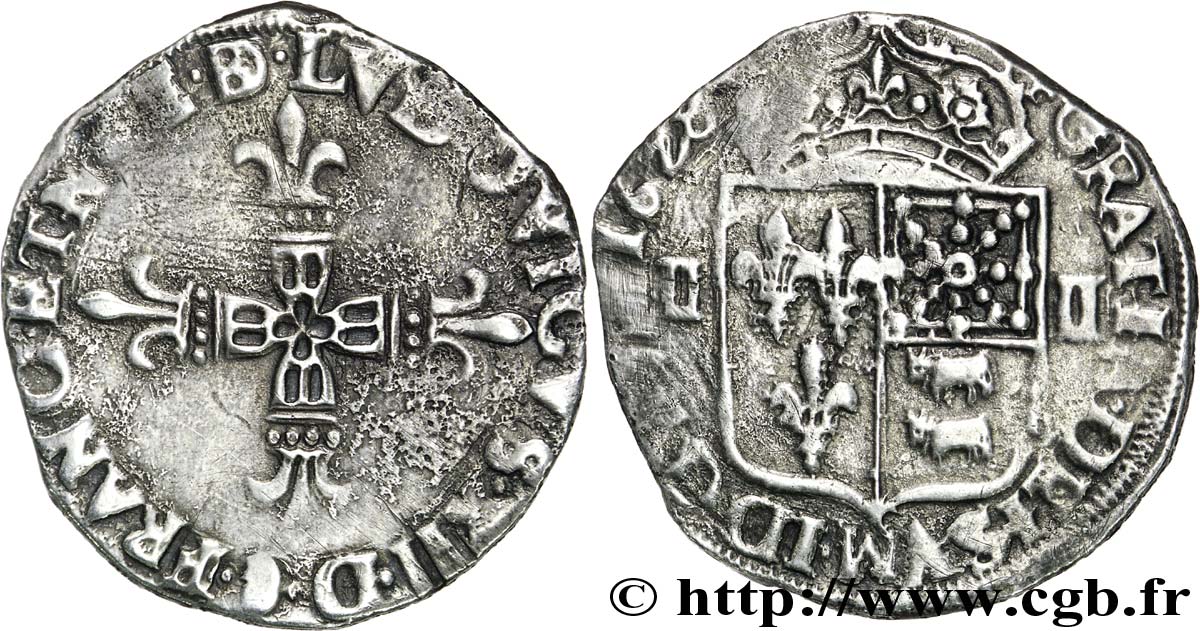 LOUIS XIII LE JUSTE Quart d&nbsp;écu de Béarn 1628 Morlaàs TTB