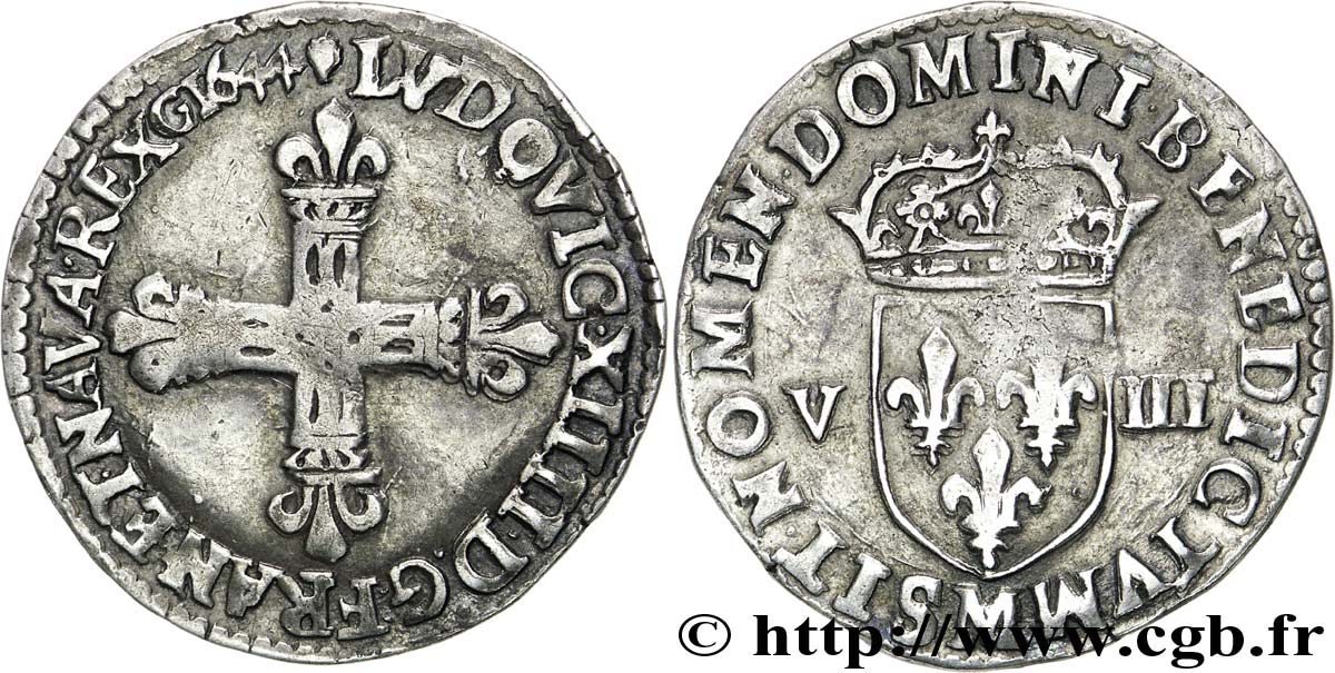 LOUIS XIV  THE SUN KING  Huitième d écu, 1er type 1644 Toulouse SS