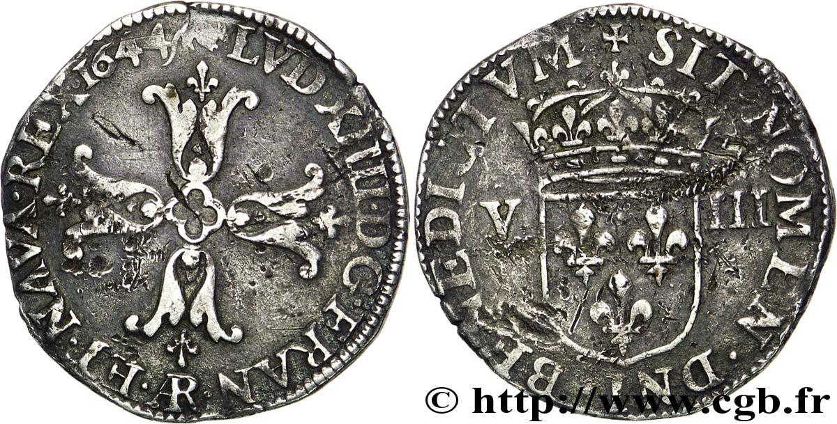 LOUIS XIV  THE SUN KING  Huitième d écu, 1er type, écu de face 1644 Arras q.BB