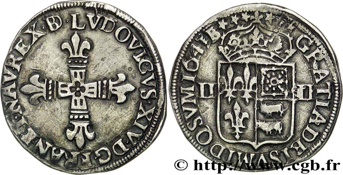 LOUIS XIV  THE SUN KING  Quart d écu de Béarn 1643 Morlaàs q.SPL