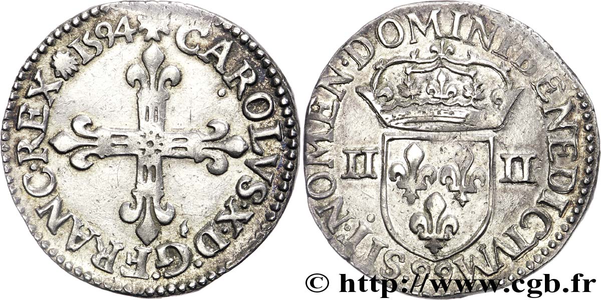 CHARLES X, CARDINAL OF BOURBON Quart d écu, croix de face 1594 Dinan XF/AU