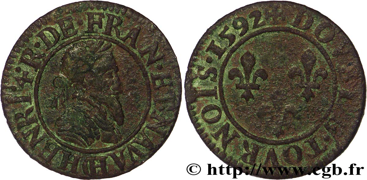 HENRY IV Double tournois, 2e type de Châlons-sur-Marne 1592 Châlons-en-Champagne XF