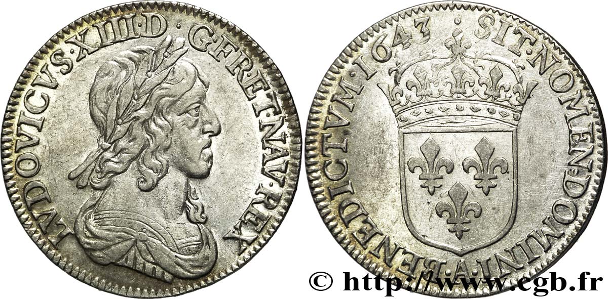 LOUIS XIII  Quart d écu, buste drapé et cuirassé (2e buste de Jean Warin) 1643 Paris, Monnaie du Louvre MBC+/EBC