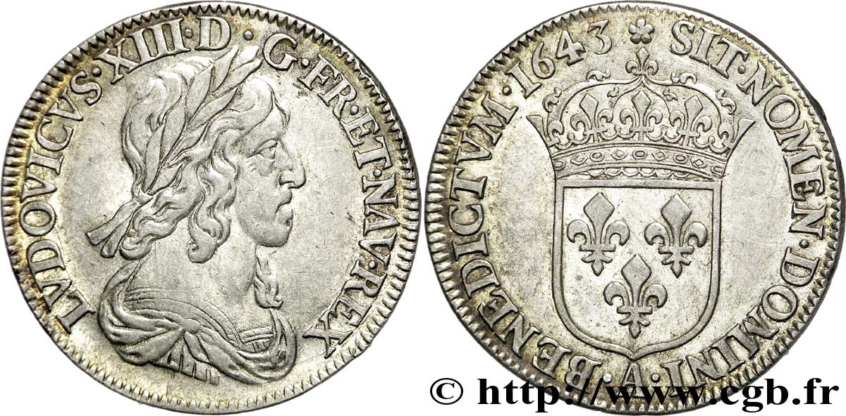 LOUIS XIII LE JUSTE Quart d écu, buste drapé et cuirassé (2e buste de Jean Warin) 1643 Paris, Monnaie de Matignon TTB+/SUP