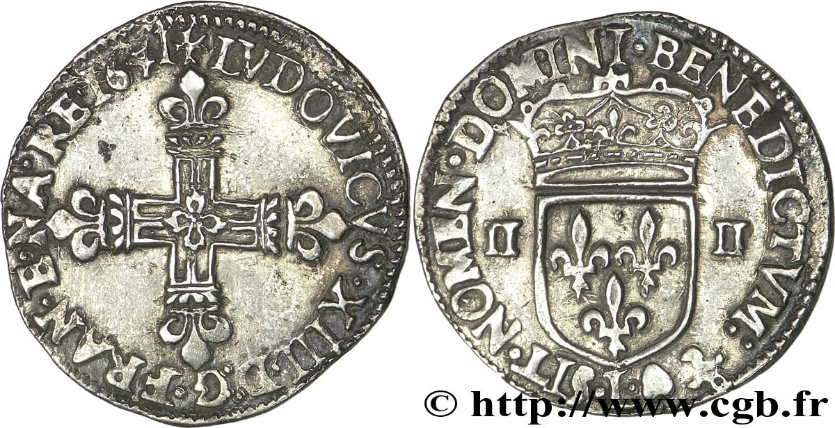 LOUIS XIII  Quart d écu, à la croix fleurdelisée, titulature côté croix 1641 Bayonne SS