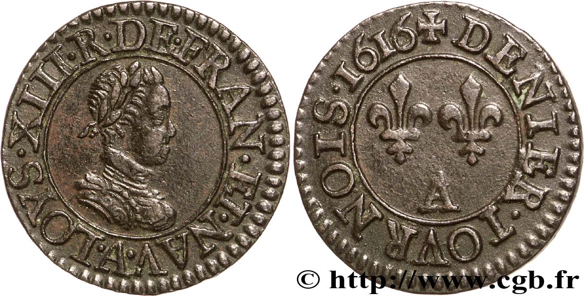 LOUIS XIII LE JUSTE Denier tournois, type de Paris 1616 Paris TTB+