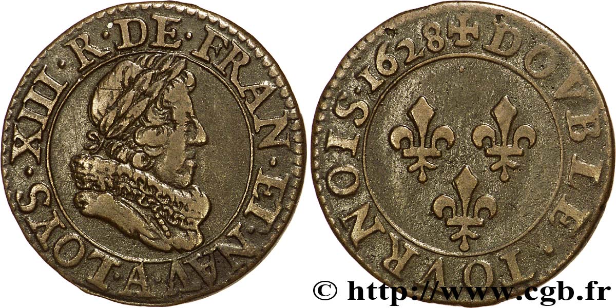 LOUIS XIII  Double tournois, type 5 de Paris 1628 Paris q.SPL