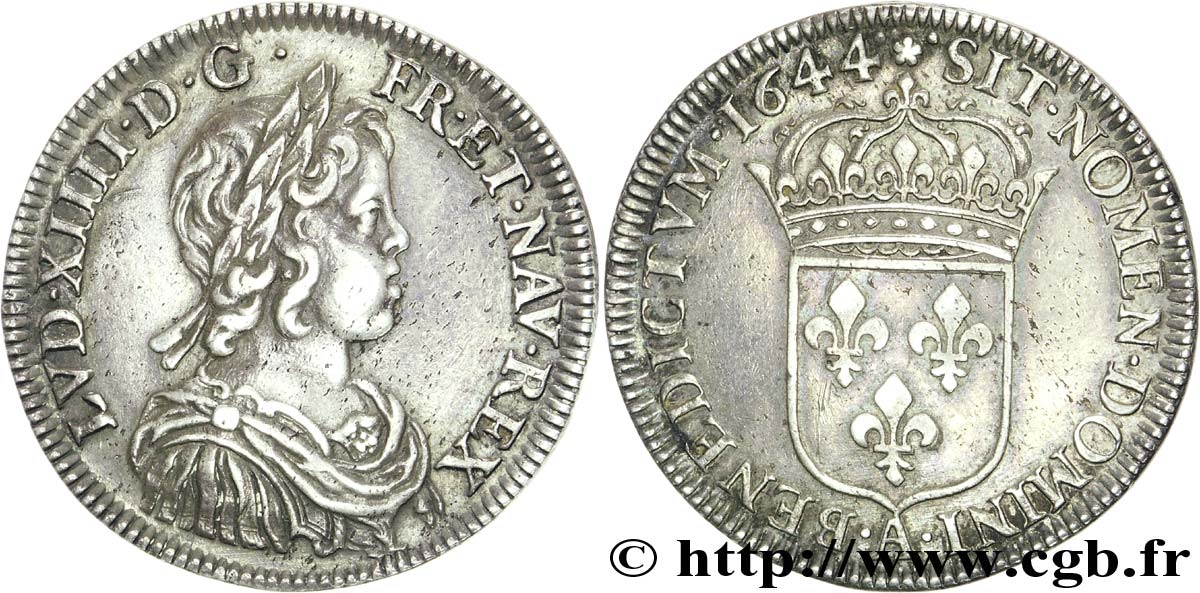 LOUIS XIV LE GRAND OU LE ROI SOLEIL Demi-écu à la mèche courte 1644 Paris, Monnaie de Matignon TTB+