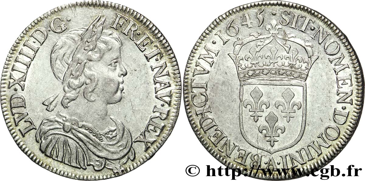 LOUIS XIV  THE SUN KING  Demi-écu à la mèche courte 1645 Paris, Monnaie du Louvre AU