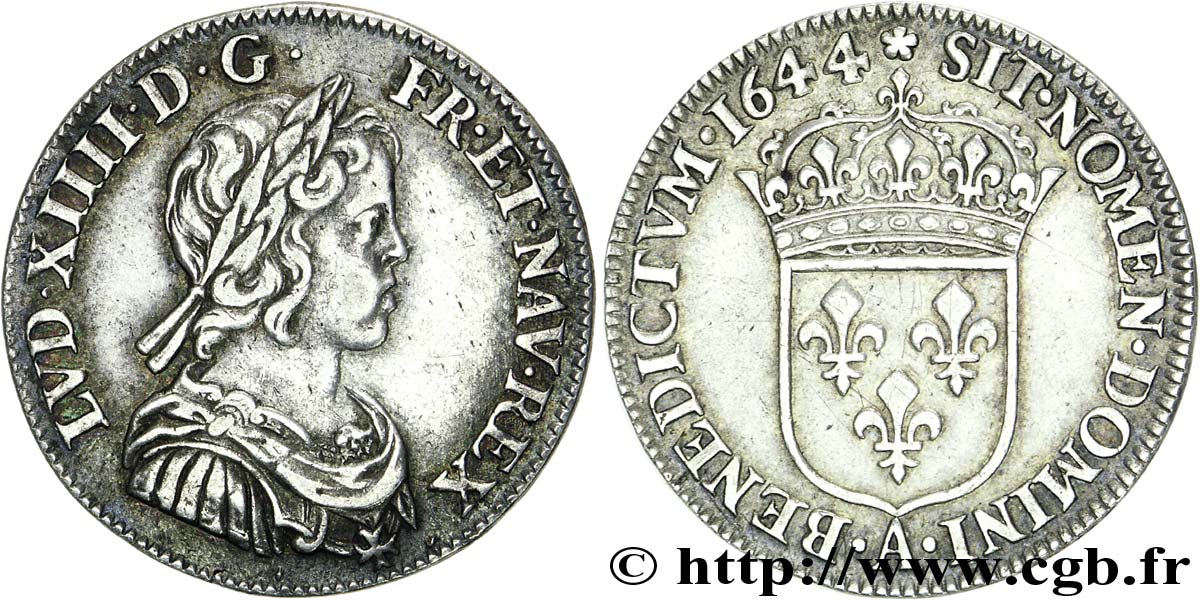 LOUIS XIV  THE SUN KING  Quart d écu à la mèche courte 1644 Paris, Monnaie de Matignon fVZ