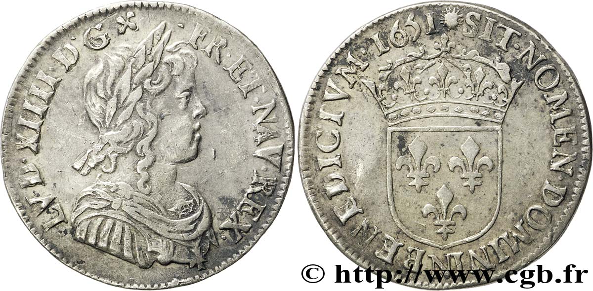 LOUIS XIV LE GRAND OU LE ROI SOLEIL Quart d écu à la mèche longue 1651 Montpellier TTB