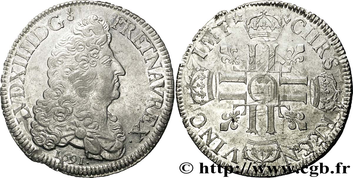 LOUIS XIV LE GRAND OU LE ROI SOLEIL Écu aux huit L, 1er type 1691 Metz SUP