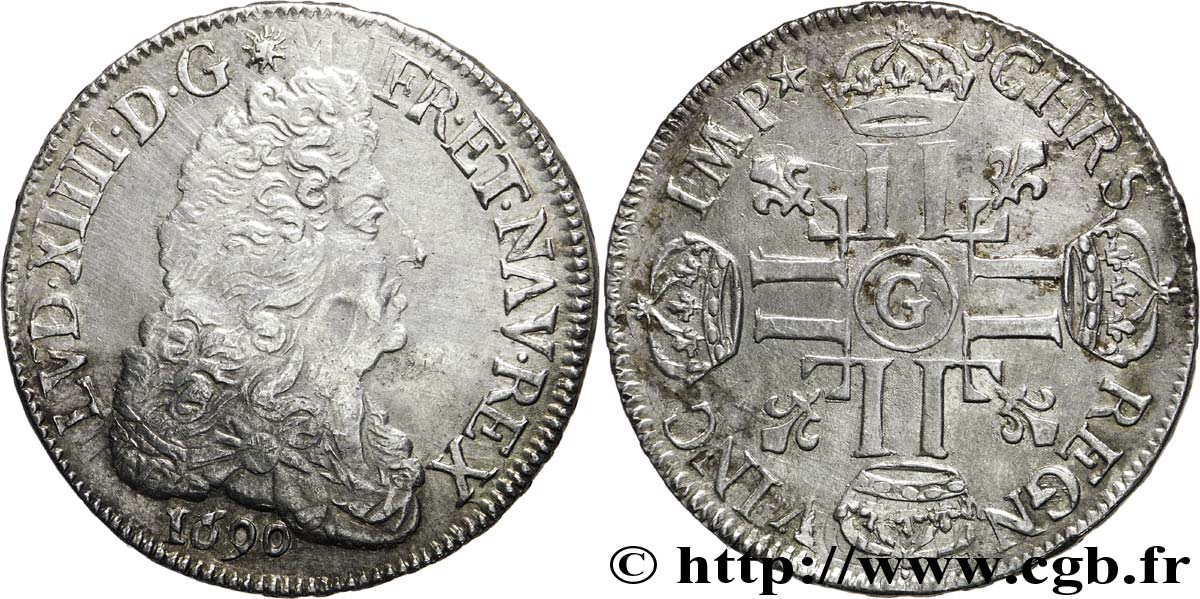 LOUIS XIV  THE SUN KING  Demi-écu aux huit L, 1er type, 2e buste 1690 Poitiers XF