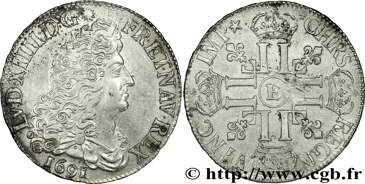 LOUIS XIV  THE SUN KING  Demi-écu aux huit L, 1er type, 2e buste 1691 Tours XF/AU