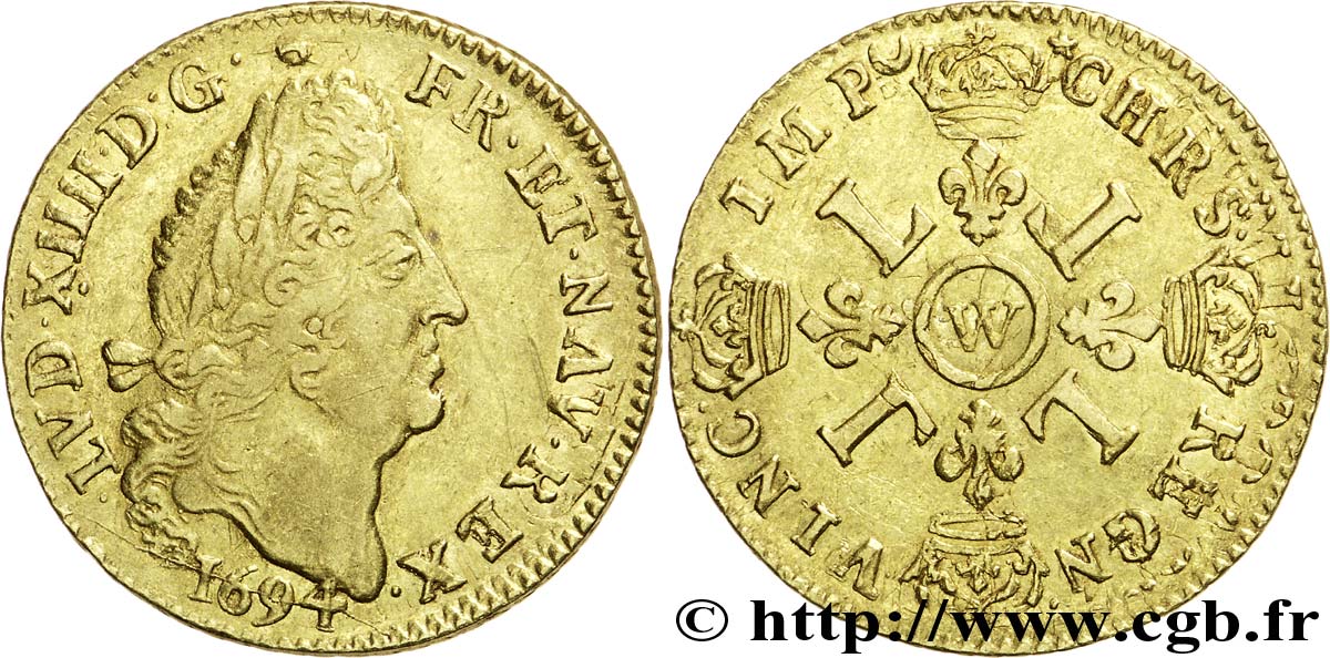 LOUIS XIV  THE SUN KING  Louis d or aux quatre L 1694 Lille XF/AU