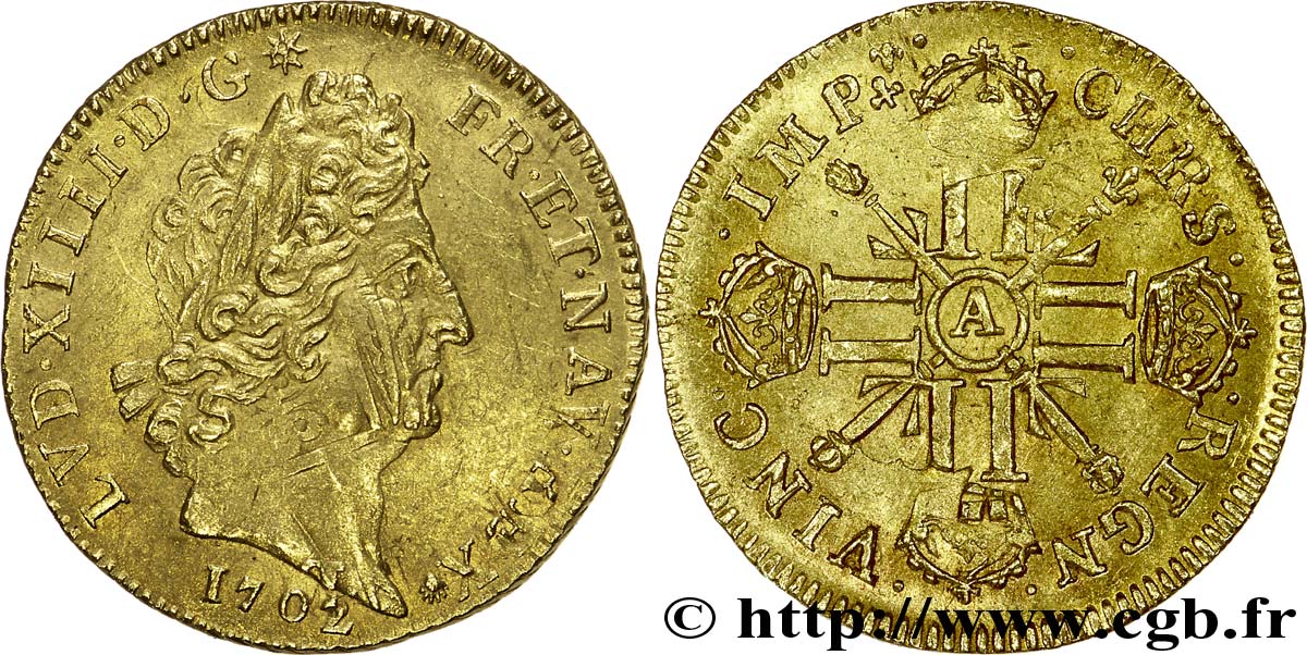 LOUIS XIV LE GRAND OU LE ROI SOLEIL Louis d’or aux huit L et aux insignes 1702 Paris TTB/TTB+