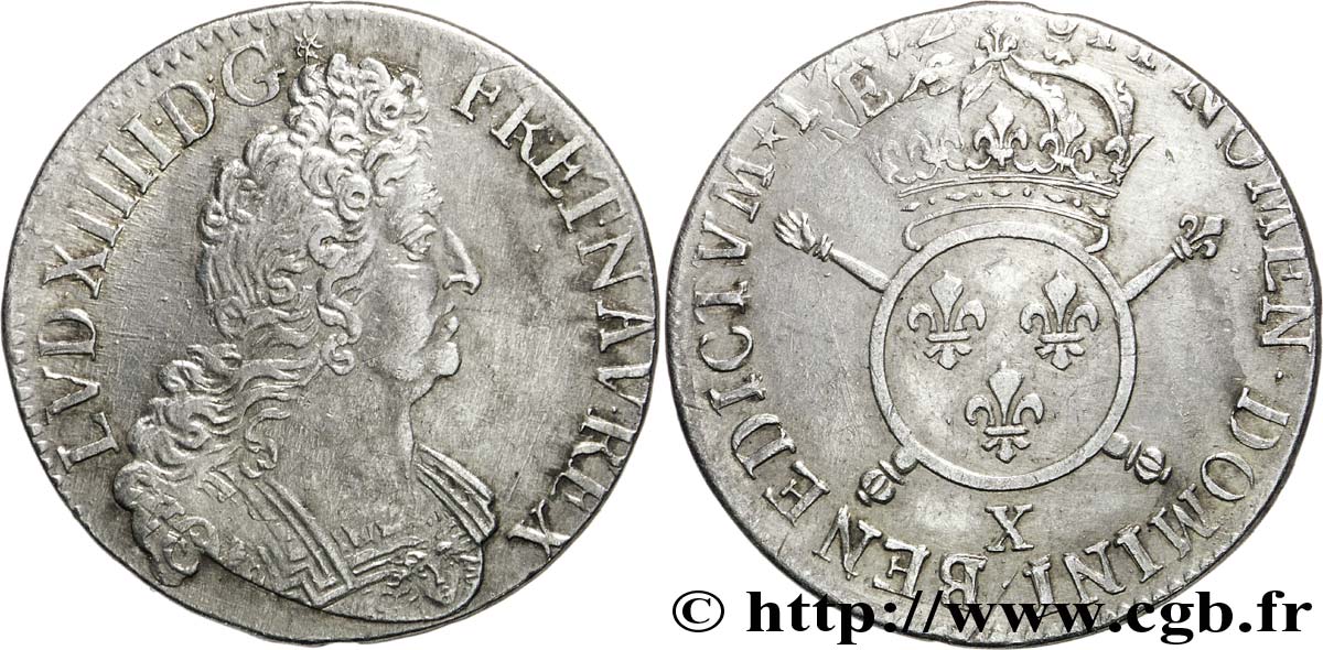 LOUIS XIV  THE SUN KING  Demi-écu aux insignes 1702 Amiens XF