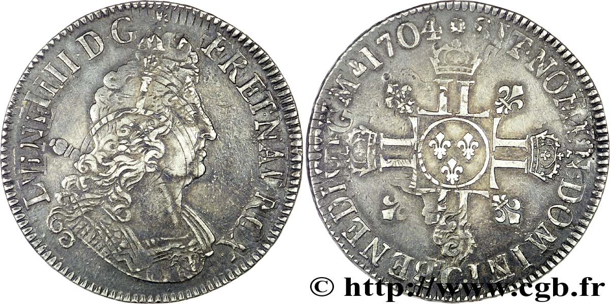 LOUIS XIV LE GRAND OU LE ROI SOLEIL Écu aux huit L, 2e type 1704 Caen TTB