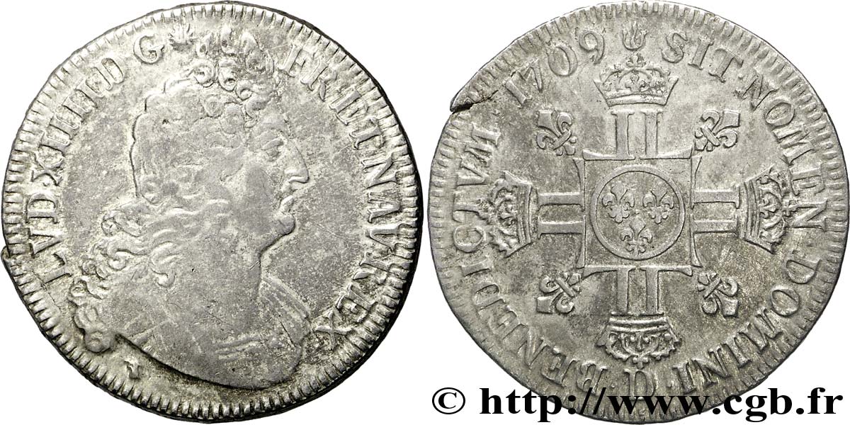 LOUIS XIV LE GRAND OU LE ROI SOLEIL Demi-écu aux huit L, 2e type 1709 Lyon TB+