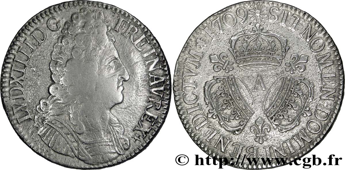 LOUIS XIV LE GRAND OU LE ROI SOLEIL Écu aux trois couronnes 1709 Paris TB/TB+