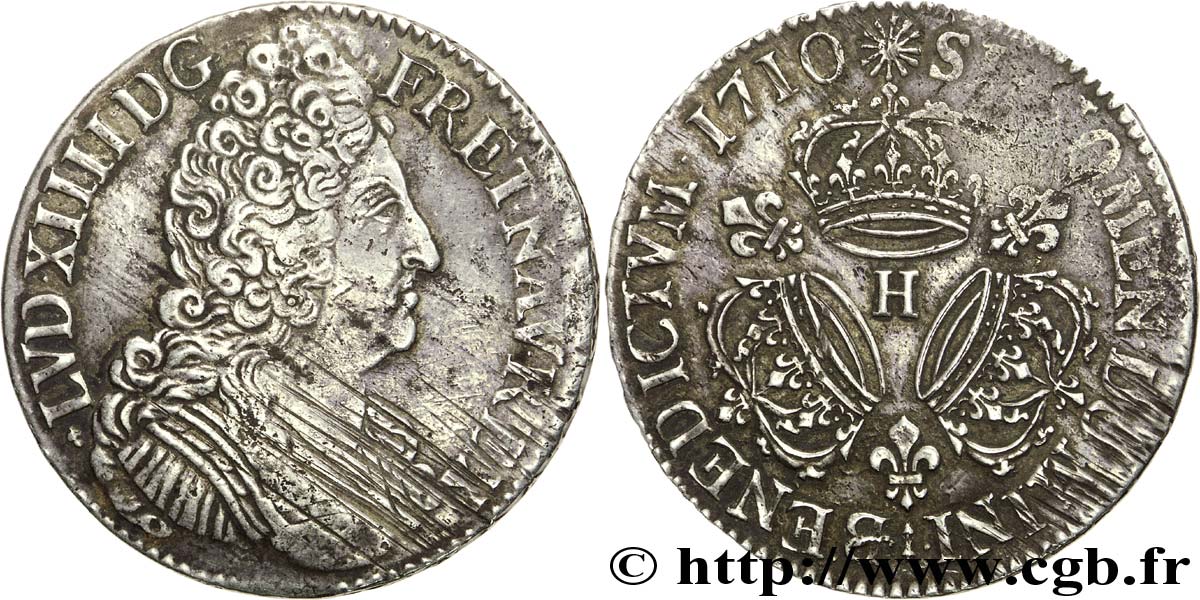 LOUIS XIV LE GRAND OU LE ROI SOLEIL Écu aux trois couronnes 1710 La Rochelle TB+/TTB