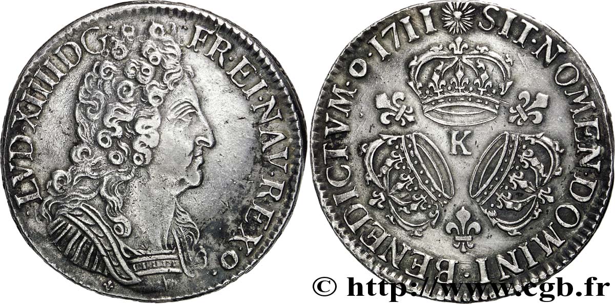 LOUIS XIV LE GRAND OU LE ROI SOLEIL Écu aux trois couronnes 1711 Bordeaux TTB/TTB+