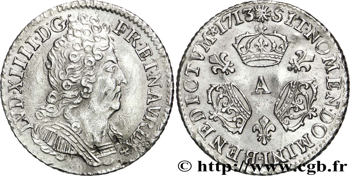 LOUIS XIV  THE SUN KING  Dixième d écu aux trois couronnes 1713 Paris AU