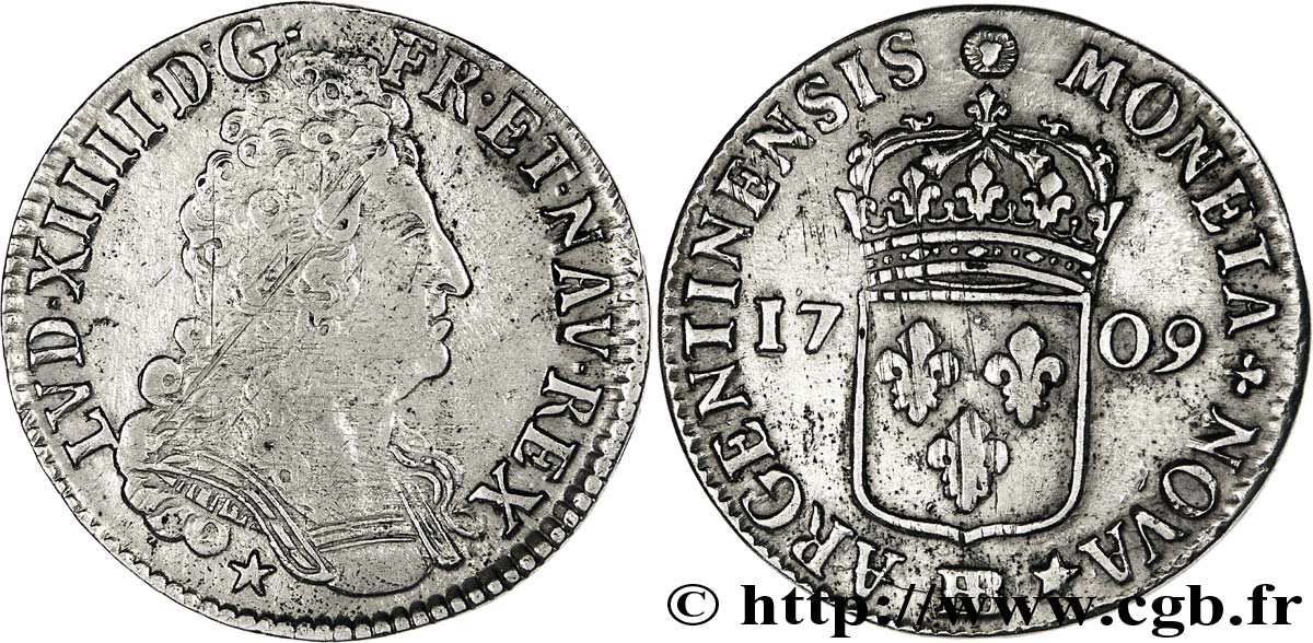 LOUIS XIV  THE SUN KING  Quarante-quatre sols de Strasbourg 1709 Strasbourg XF