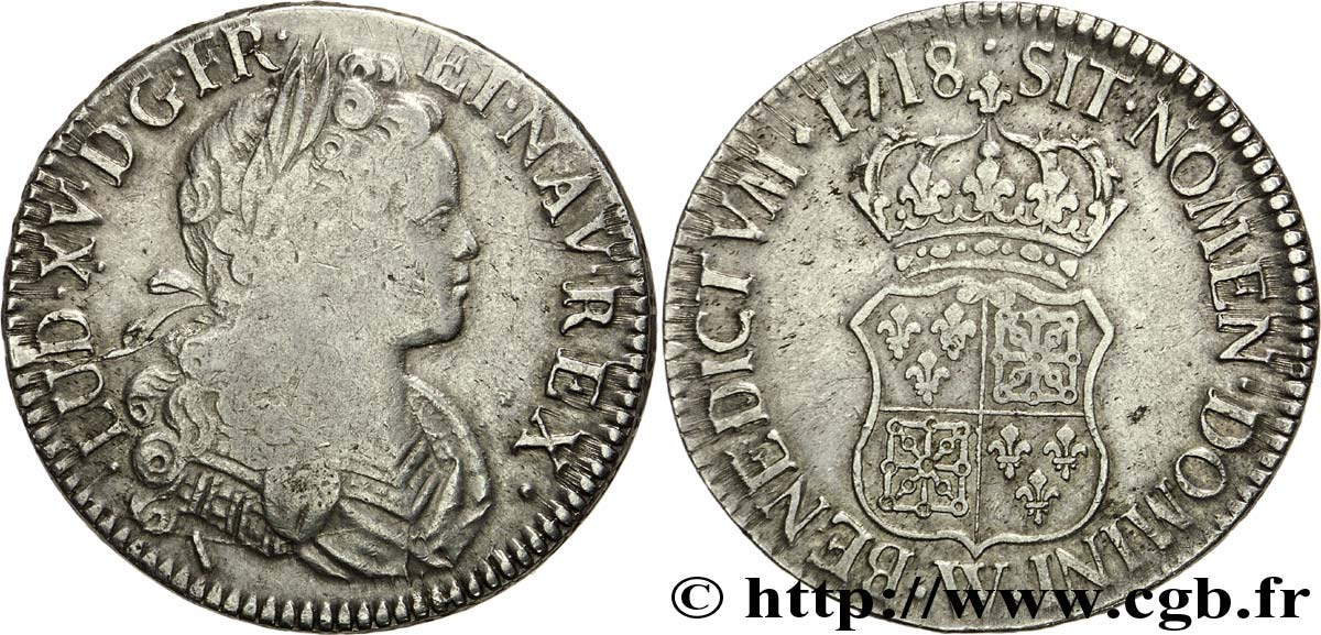 LOUIS XV  THE WELL-BELOVED  Écu dit  de France-Navarre  1718 Lille BC+