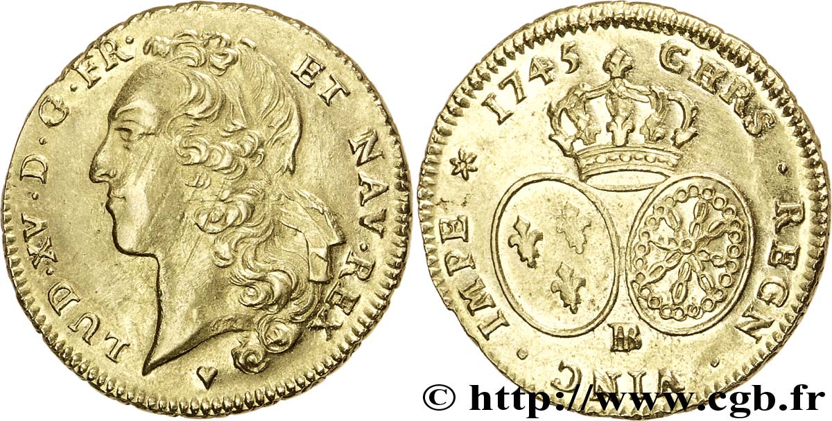 LOUIS XV  THE WELL-BELOVED  Double louis d’or aux écus ovales, tête ceinte d’un bandeau 1745 Strasbourg MBC+