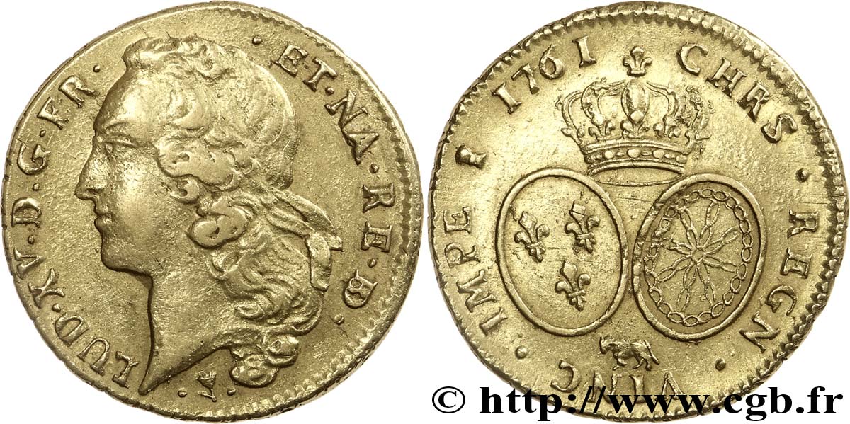 LOUIS XV DIT LE BIEN AIMÉ Double louis d’or aux écus ovales, tête ceinte d’un bandeau 1761 Pau TTB