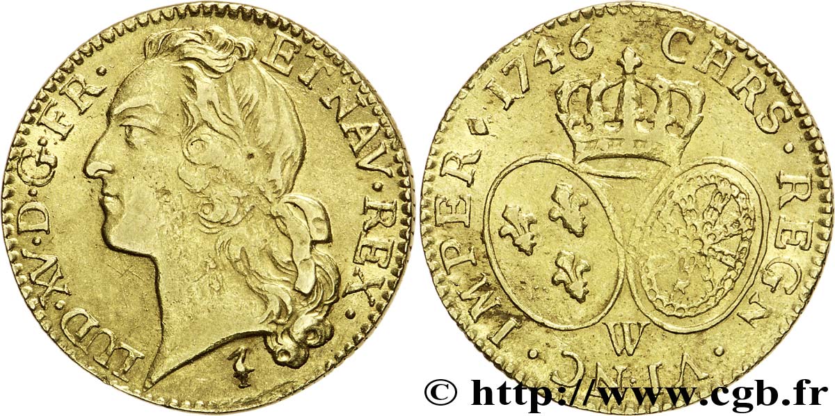 LOUIS XV  THE WELL-BELOVED  Louis d’or aux écus ovales, tête ceinte d’un bandeau 1746 Lille MBC