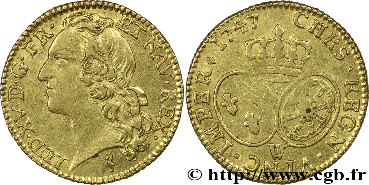 LOUIS XV THE BELOVED Louis d’or aux écus ovales, tête ceinte d’un bandeau 1747 Lille XF