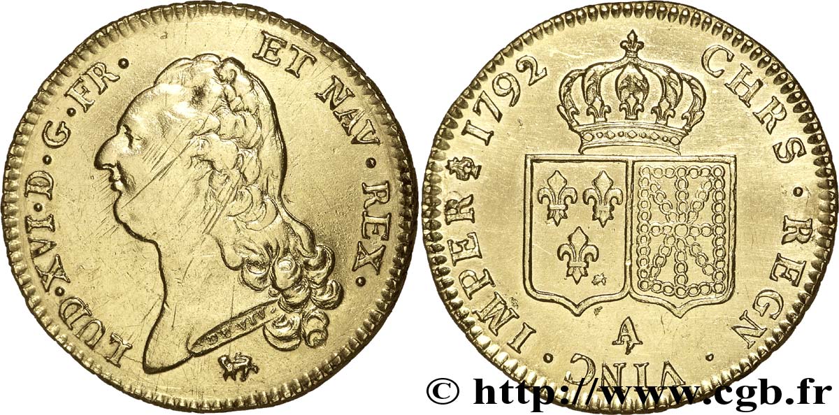LOUIS XVI Double louis d’or aux écus accolés 1792 Paris AU/AU