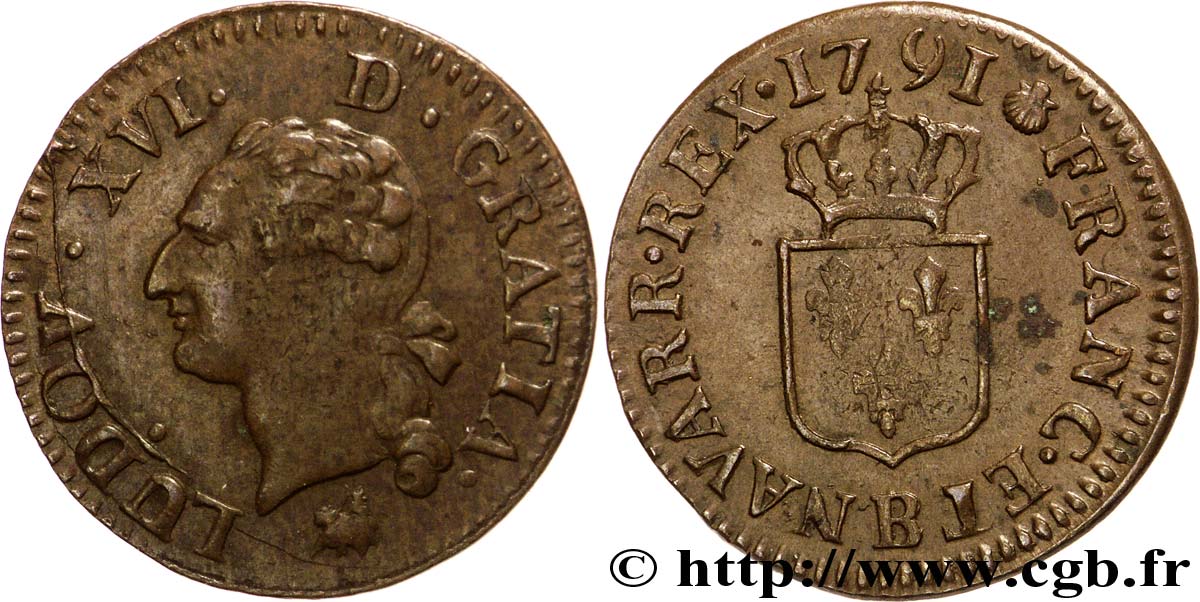 LOUIS XVI (MONARQUE CONSTITUTIONNEL)  Liard dit  à l écu  1791 Rouen TTB+