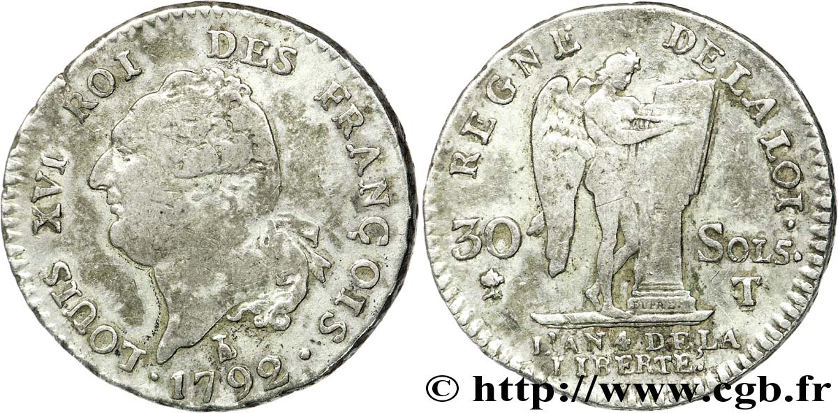 LOUIS XVI 30 sols dit  au génie , type FRANÇOIS 1792 Nantes BB