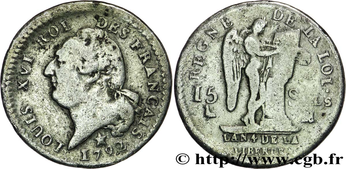 LOUIS XVI (MONARQUE CONSTITUTIONNEL)  15 sols dit  au génie , type FRANÇAIS 1792 Marseille TB