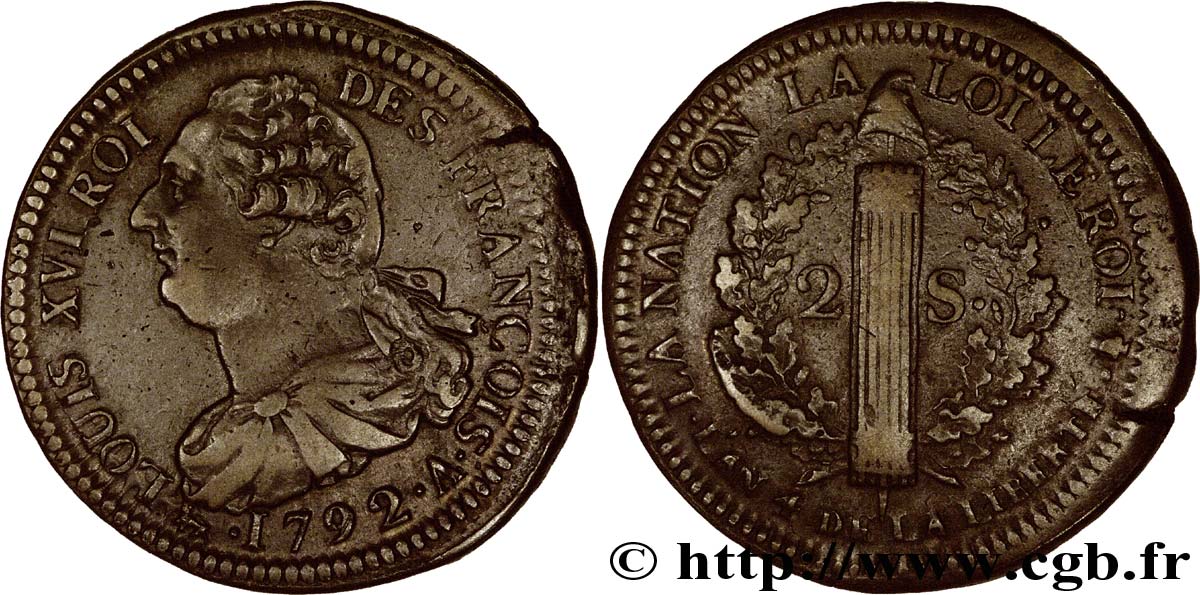 LOUIS XVI 2 sols dit  au faisceau , type FRANÇOIS 1792 Paris AU/XF