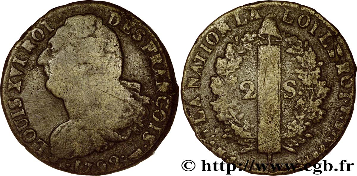 LOUIS XVI 2 sols dit  au faisceau , type FRANÇOIS 1792 Pau VF